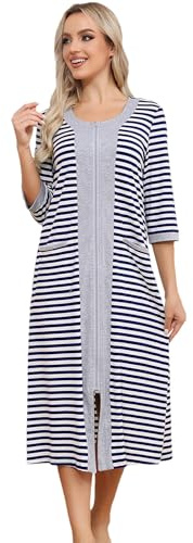 rismart Mujer Manga 3/4 Cremallera Bata de Casa Casual Cuello V Camisa de Dormir Pijama Vestido, Rayures Bleu Marine,XL