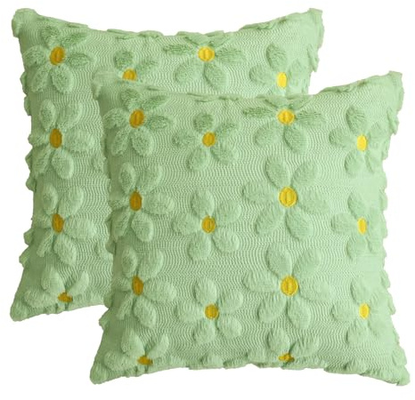 Artoid Mode Green Soft Plush Faux Fur Daisy Spring Cushion Covers Set of 2, 45x45 cm Decorative Pillow Case Cover Sofa Living Room Decor