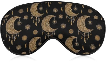 Schlafmaske mit Mandala-Boho-Motiv (Halbmond, Sonne, Traumfänger), bequemer Augenschutz, atmungsaktiv und druckfrei – ideal für unterwegs.