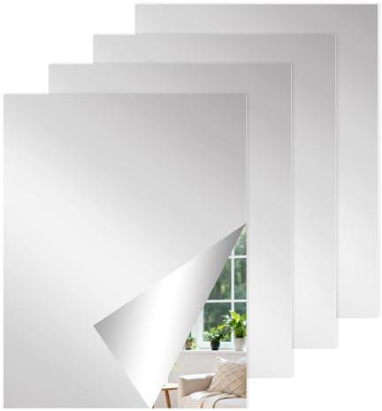 HSHTAM 4 PCS Mirror Tiles 40 x 30 cm, Self Adhesive Mirror 2 mm Thick Stick on Mirrors for Wall High Clear Frameless Acrylic Mirrors for Bathroom Hallway Bedroom Wardrobe Doors Gym