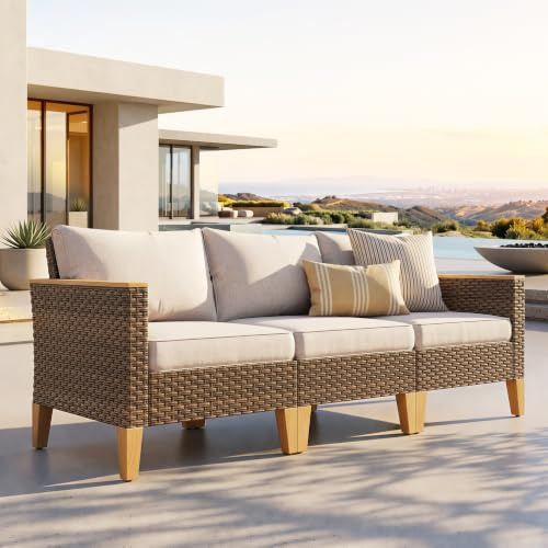 PHI VILLA 3‑Sitzer Rattan Gartenmöbel Set Balkonmöbel, Lounge Möbel Outdoor Gartenlounge Set, Terrassenmöbel Modulare Möbel mit Dick Gepolsterten Kissen für Garten und Terrasse, Beige & Braun