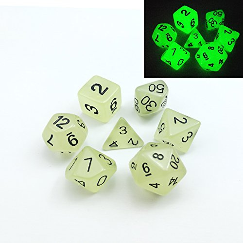 Set di 7 dadi poliedrici fosforescenti (set da 7) | Dadi per giochi di ruolo | D4, D6, D8, D10, D%, D12 e D20 (Aqua)