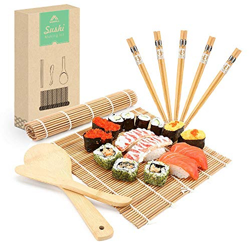 MUDEELA Bamboo Sushi Rolling Mat, Sushi Making Kit 9 Pcs, Beginner Sushi Mat, Includes 2 Rolling Mats, 5 Pairs Chopsticks, Paddle, Spreader, Beginner's Guide (PDF), Roll On, Sushi Maker Kit