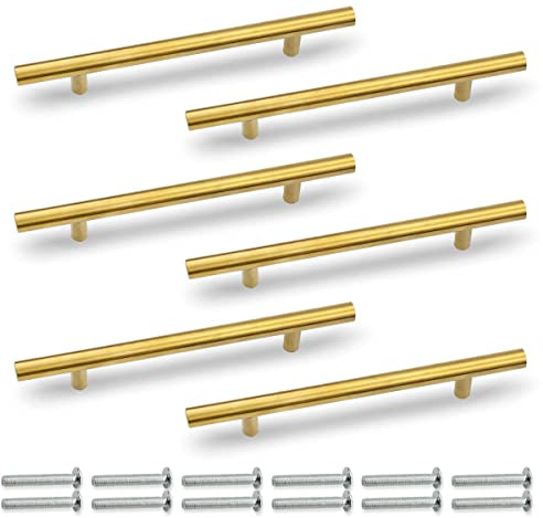 Bwintech 6 Pcs 150MM (96MM Loch Center) Gold Schrank Pull Griffe Küche T Bar Griffe, Edelstahl, Ideal für Schrank, Schublade, Schrank