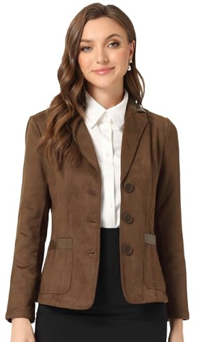 Allegra K Faux Suede Blazer for Women Lapel Collar Button Front Long Sleeve Jacket Casual Office Wear Medium Brown