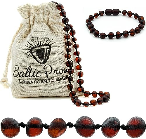 Baltic Proud Amber Necklace and Bracelet Gift Set (Unisex Cherry Raw 12.5 Inches/5.5 Inches) - Certified Premium Quality Raw Baltic Sea Amber