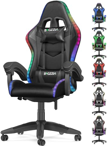 bigzzia Sedia Gaming RGB con Luci LED E Sedia Ergonomica Per Computer Per Videogiochi Reclinabile con Schienale Alto in Pelle Pu con Poggiatesta (Utilizzo di RGB, Nero)