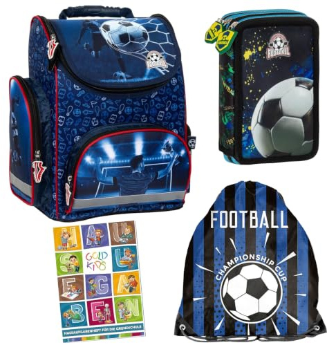 Goldkids - Schulranzen für Jungen, 4er-Set - Schul-Rucksack für Kinder mit Federmäppchen - Schuhbeutel und Hausaufgabenheft - Fußball Motiv - 1-3 Klasse