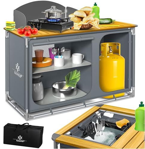 KESSER Cucina Da Campeggio Con Borsa Per Il Trasporto E Set Di Bicchieri, Armadietto Da Campeggio Pieghevole Con Struttura In Alluminio, Cucina Da Viaggio, Armadietto Da Tenda