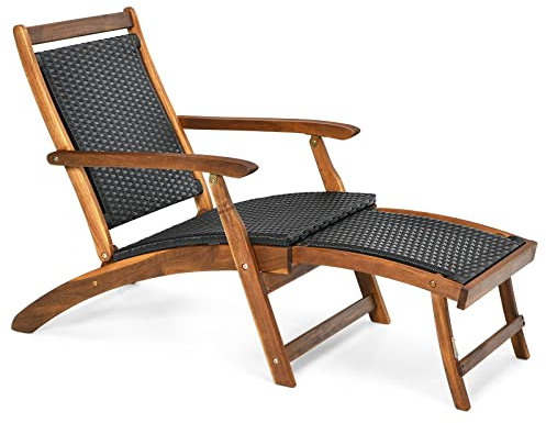 LIFEZEAL Sdraio da Giardino in Legno di Acacia e Rattan, Lettino Prendisole con Poggiapiedi Telescopico, Trasformabile in Poltrona, per Giardino, Terrazza, Balcone, Nero e Naturale