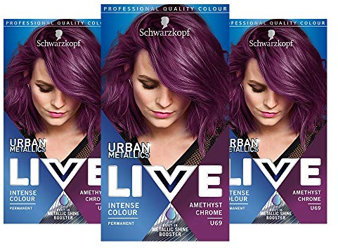 Schwarzkopf Live Intense Colour Hair Dye, Permanent Colour & Built-In Vibrancy Serum – 3x U69 Amethyst Chrome