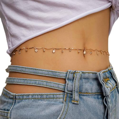 Sttiafay Catena in vita Boho Catena di strass con ciondolo a conchiglia Catena di pancia sexy Imbracatura per bikini in oro Accessori per catene per il corpo per donne e ragazze adolescenti