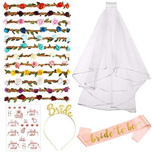 Annhao Addio Nubilato Gadget Sposa, 16 Pezzi Addio Nubilato Decorazione Sposa Bride to be Satin Sash Coroncine Fiori per Capelli Fascia e velo da sposa addio nubilato con Team Bride Tatuaggi