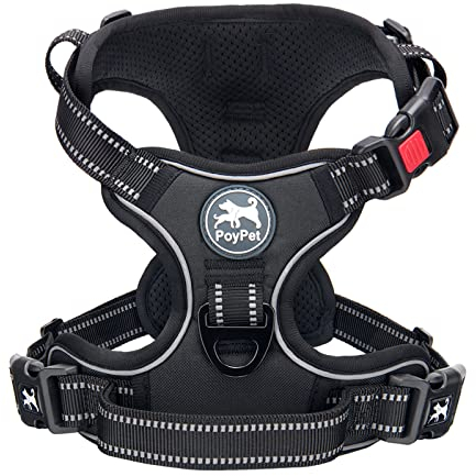 PoyPet No Pull Dog Harness with Neck Release Buckle, Reflective No-Choke Harness with 2 Leash Clip, Adjustable Soft Padded Pet Vest with Easy Control Handle for Medium Dogs (Black,M)