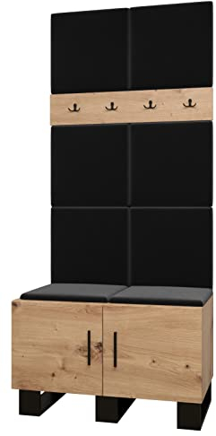 MEBLE KRYSPOL Garderobe Artin Set 4 mit gepolsterten Paneelen Industriell Design (Artisan Eiche + Manila 18 (Schwarz))