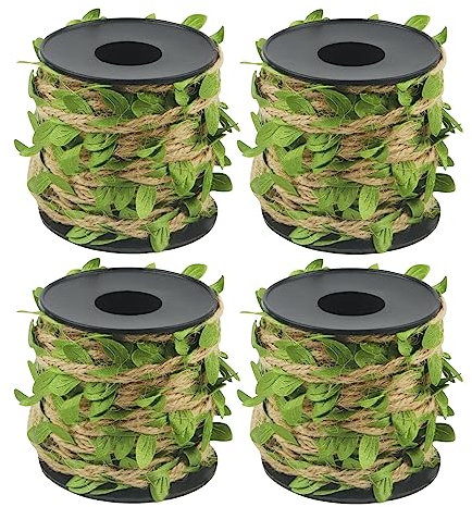 MUKCHAP 4 Rolls 5mm x 10m Green Leaves Jute Twine String, 131 Feet Jute Twine with Leaves, Green Leaf Twine Vine String Leaves Rope for Home Decor