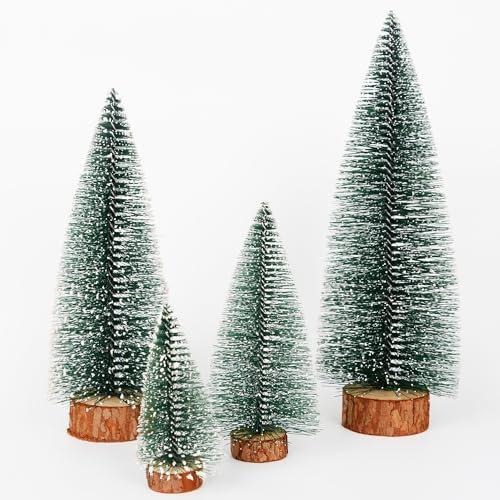 KEYIDO 4 PCS Mini Christmas Tree Ornaments Christmas Decor Bottle Brush Christmas Trees Small Artificial Tiny Xmas Tree Little Miniature Wooden Home Table Christmas Decorations