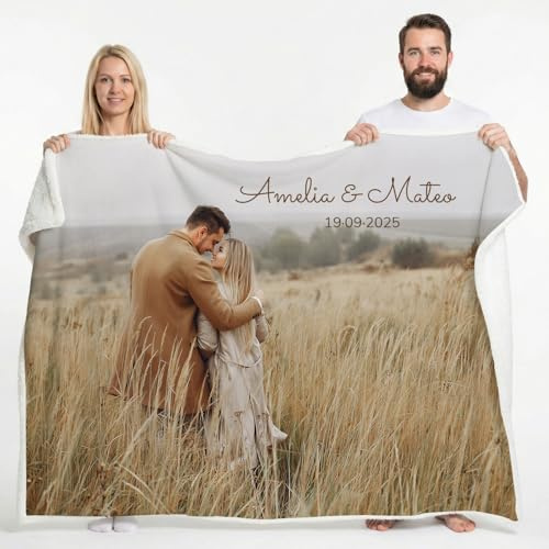 Wanapix | Personalisierte Kunstfell-Decke mit Foto & Text | Maximale Wärme 490 g/m² (Fleece + Kunstfell) | Anti-Pilling | Sofa-/Bettdecke | 120 x 180 cm