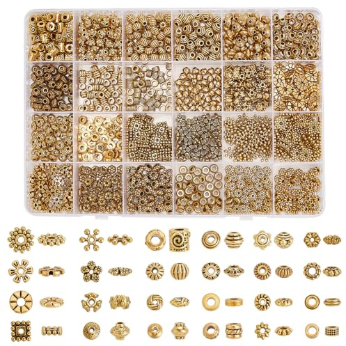 PH PandaHall 1200 Stück Antike Goldene Abstandsperlen 24 Stile Tibetische Blumen Quadrat Schneeflocken Rondelle Perlen Legierungs Abstandshalter Perlen Lose Perlen Für Armband Schmuckherstellung