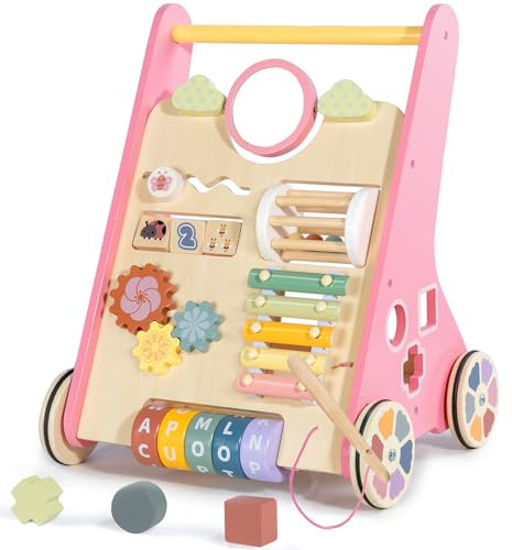LOL-FUN Wooden Baby Walker 1 2 Year Old Boys Girls, Toddler Push Along Walkers Toy, Learning Activity Center Age 12 Months Gift