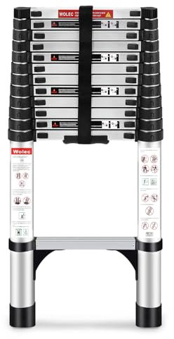 Wolec Telescoping Ladder, 12.5FT Aluminum Lightweight Portable Telescopic Ladder, Stabilizers & Wheels, Heavy Duty 330lbs Max Capacity,Extension Ladder for Roofs, RVs, Outdoor-Sliver