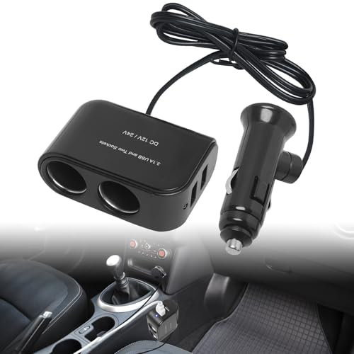 2 Sockets USB Car Cigarette Lighter Splitter-Power Socket Car Charger Adapter with 2 USB Ports 2 Cigarette Splitter 12/24V Power Outlet Splitter for Vehicle Devices GPS Phone Tablet Camera Dash Cam