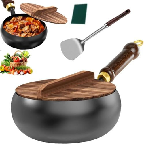 Alula777 poêle japonaise antiadhésive forgée à la main, Poêle japonaise en fer avec couvercle en bois, 28cm poêle en acier inoxydable non revêtue pour cuisson naturelle, cuisinière à gaz et à inductio