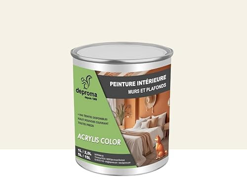 DEPROMA Peinture Acrylique Intérieure 1L - Finition Velours – Haute Opacité – Séchage Rapide – Fabrication Française (Blanc Cassé)