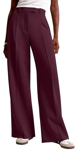 NIMIN Women Wide Leg Pants High Waisted Business Casual Work Trousers Dressy Pants with Pockets, Burgundy, Large