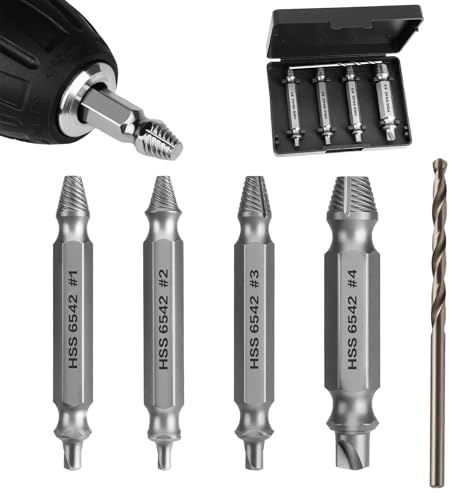 5Pcs HSS 6542 Damaged Screw Extractor Set, 63-65HRC Upgraded Hardness Double Ended Bolt Removal Remover Tool with Twist Drill Bit for Grab Rusted Broken Stripped Screws Men Adult Gifts