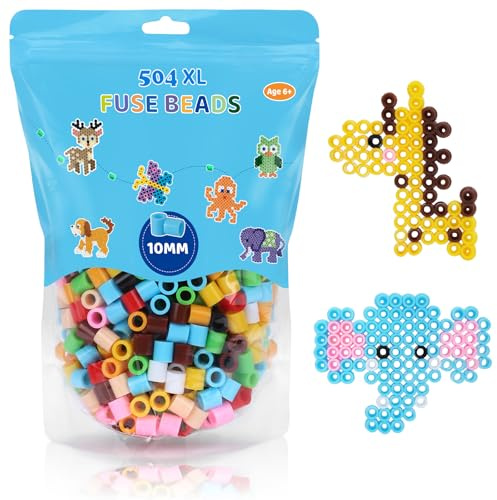 VynyQoo Creative Fuse Beads Refill Pack, 504 XL 10mm Colorful Iron Beads with 5 Patterns, 5 Ironing Papers, Iron Beads for Kids Ages 6+, DIY Crafts, Holiday & Birthday Gifts