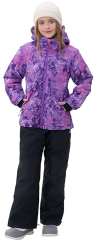 SMONTY Girls Boys Ski Suit Children's Snowsuits Waterproof Snowboard Elastic Hood Jacket with Dungarees Windproof Winter Warmth, Kaleidosc Purple, 14 Years