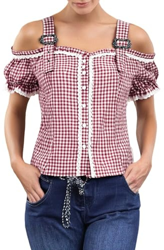 Generisch Trachtenshirt Damen Damen Bluse Trachtenbluse Rot/Weiss Kariert Traditionelle Taillierte Trachten mit Stehkragen & Herzknöpfen Kurzarm Moderne Bayrische