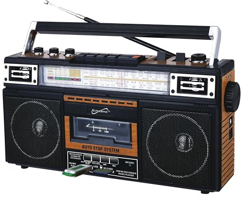 Supersonic SC-3201BT 4 Band Radio & Cassette Player Boombox, Bluetooth Speaker, AM/FM/SW Radio with MP3 Playback, USB & SD Card, 3 Band EQ and Earphone Jack