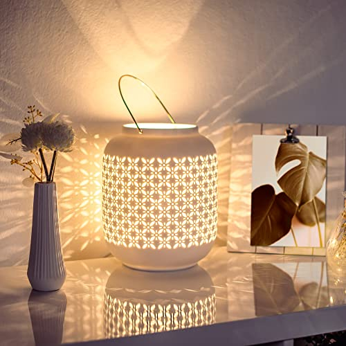 VOLIOS® Keramik Tischlampe ink. 6 Watt LED Birne I Dekolampe I Nachttischlampe I Tischleuchte weiß I beleuchtete Deko (Laterne)
