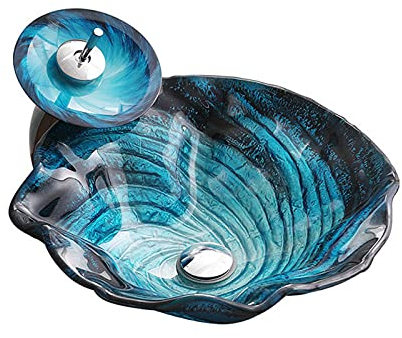 Lavabo artistique en verre trempé, lavabo de salle de bain rond bleu avec robinet à cascade et drain escamotable, ensemble de lavabo de salle de bain à poser