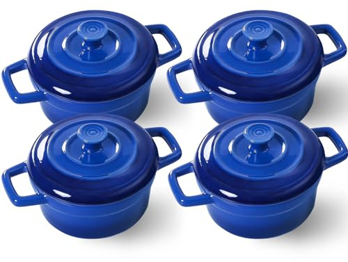 Lareina Mini Cocotte - 12oz Ceramic Casserole Dishes - Kitchen Casserole Sets With Handles And Lid - Small Baking Ramekins - Oven, Microwave & Dishwasher Safe - Set of 4 - Blue