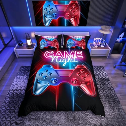 Set med sängkläder och linne med gamer-tryck, flerfärgad gamepad, påslakan, TV-spel, kontroll, bäddset för barn, pojkar, 3 delar, för dubbelsäng