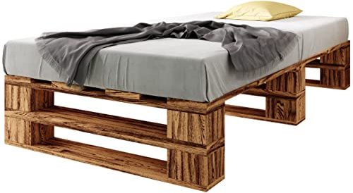sunnypillow Palettenbett M2 aus Holz 120 x 200 cm mit Lattenrost Stabiles Seniorenbett Kinderbett Jugendbett Gästebett erhöhtes Einzelbett Bettgestell Futonbett Komforthöhe Geflammt