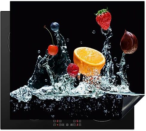 KitchenYeah© Protege Couvre Plaque De Cuisson Deco Cuisine Tapis Protection Protecteur Induction 60x52 cm Eau - Fruit - Orange - Fraise - Cerise - Noir