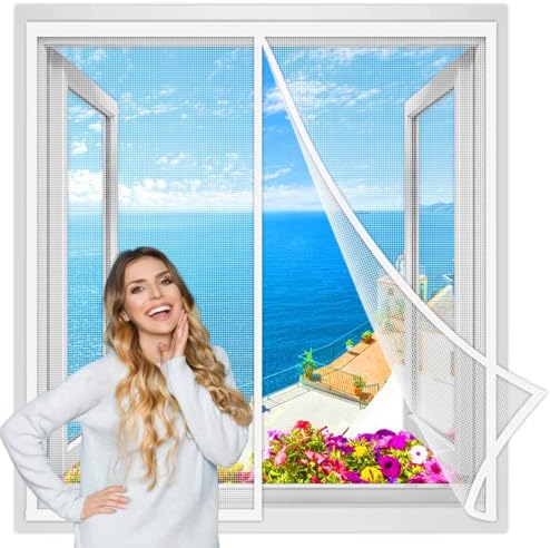 Magnet Fliegengitter Fenster Insektenschutz，120x165 cm, Magnetisches Moskitonetz, Automatisches Schließen, für BalkonFenster und TerrassenFenster KellerFenster Weiß Verstärkte