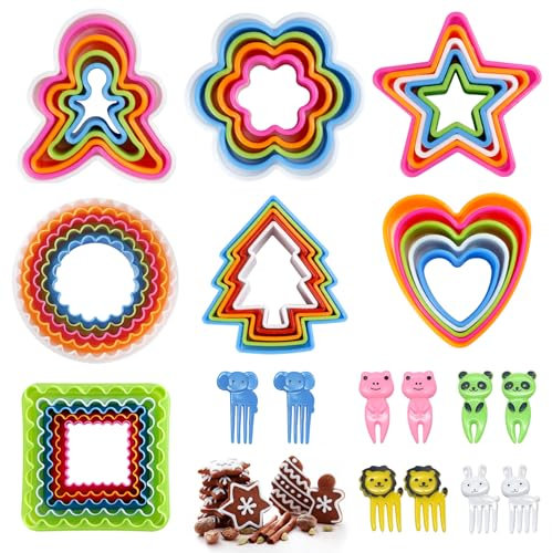 OT-NVWOZR 35PCS Cookie Cutters Shapes Set, 7 Shapes Biscuit Cutter with 10pcs Animal Food Picks, Multi-Size Baking Molds for Kids Cakes Sandwiches Vegetables Fruit Star Heart Tree