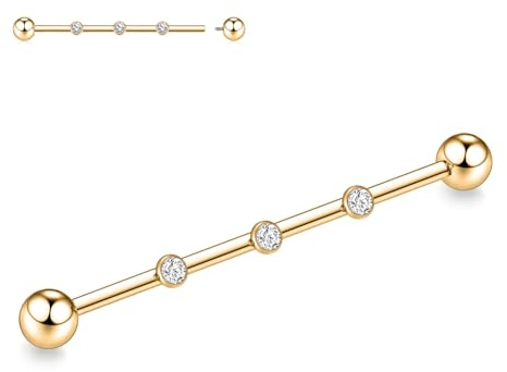 hengkaixuan Goldener Piercingschmuck Titan Industrieller Gerüststab 14G mit Innengewinde Industrieller Ohrring mit CZ Helix Conch Piercingschmuck Knorpelohrring Industrieller Barbell 38mm