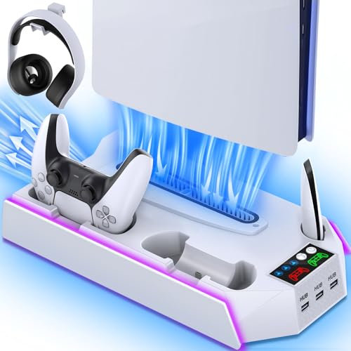 PS5/PS5-Slim-Kühlstation mit Controller-Ladestation für Playstation 5 Konsole Disc/Digital, LED Licht Kühlständer mit Kühlerlüfter für PS5 Zubehör mit 3 USB Hubs/Headset-Halter