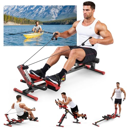 Rowing Machines for Home Gym, 4 in 1 Rowing and Ab Machine with 2 Levels of Workout Resistance, Quiet & Foldable Rower Machine with 3 Adjustable Handle Heights & LCD Monitor, Comfort Seat (Red)