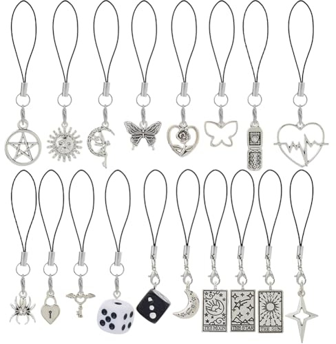 DICOSMETIC 18Pcs Phone Wrist Strap Vintage Phone Charms 18 Styles Tarot Card Star Moon Heart Charms Lanyard Strap Antique Silver Cellphone Keychain Cell Phones Pendant Accessories for Bag Camera