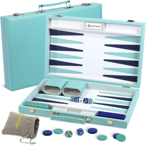 Premium Türkisfarbenes Backgammon-Set für Erwachsene – Luxuriöses PU-Leder Brettspiel mit Koffer, 32 Acryl-Spielsteinen, Würfelbechern und Verdopplungswürfel