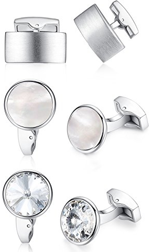 3 Paia Honey Bear gemelli da polso uomo - rettangolo rotondo con cristallo camicia acciaio per matrimonio Commercio Regalo (argento) (senza scatola)