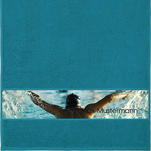 Manutextur Handtuch Mit Namen - Personalisiert - Sport Motiv Schwimmen - Viele Farben - Dusch-Handtuch - Petrol - Größe 50x100 cm - Persönliches Geschenk Mit Wunsch-Name