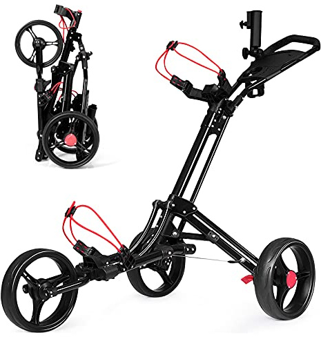 GOPLUS Carrito de Golf Plegable con 3 Ruedas con Mecanismo de Plegado Rápido, Carro de Golf Ligero con Mango Ajustable, Portaparaguas, Marcador y Portavasos